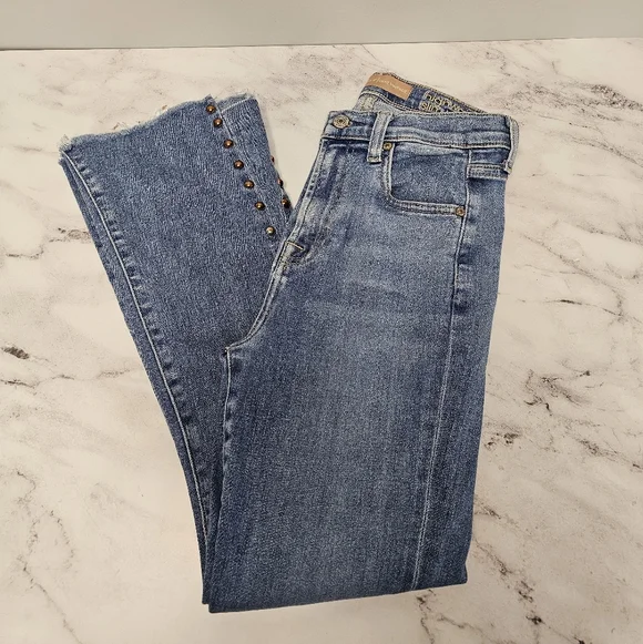 7 For All Mankind High Rise Straight Leg Flared Studded Blue Jeans 26 Preowned - Picture 3 of 10